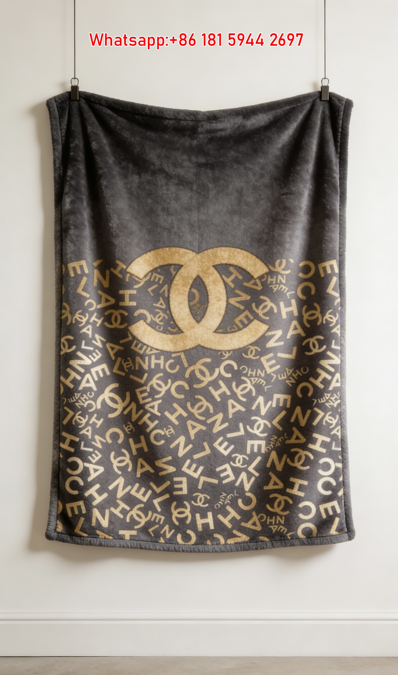 Chanel Black & Gold Letter Monogram Flannel Throw Blanket IMG_7317
